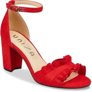 Unisa Dian Sandal | Red Suede Ruffle Heels